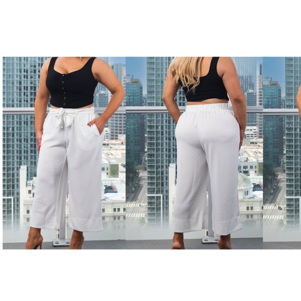 NEW Plus Size  elastic waist self tie Wide leg White Capri Pants with 2 Pockets